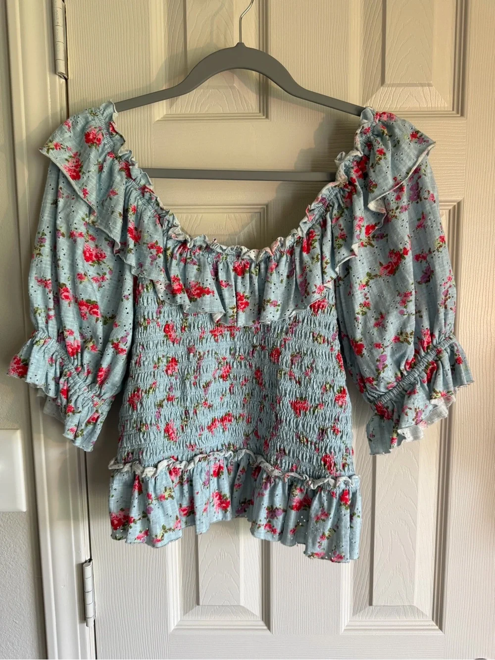 Free People Sky Blue Floral Ruffle Smocked Blouse